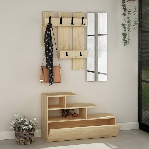Natúr színű előszoba bútor tölgyfa dekorral Vesty – Kalune Design-image-1