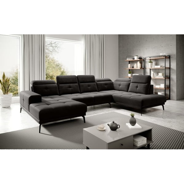 Fekete bársony sarokkanapé (jobb oldali-U alakú) Bretan – ELTAP-image-1
