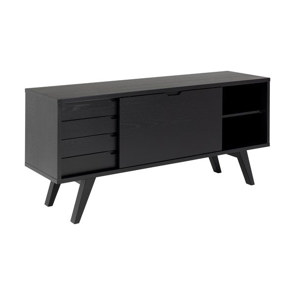 Fekete alacsony komód tolóajtóval, tölgyfa dekorral 160x72 cm A-Line – Actona-image-4