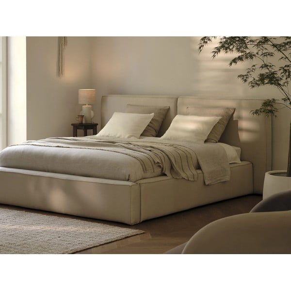 Bézs kárpitozott franciaágy tárolóhellyel, ágyráccsal 160x200 cm Arendal – Cosmopolitan Design-image-1