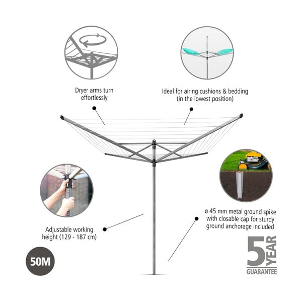 Ezüstszínű kerti ruhaszárító 50 m Lift-O-Matic – Brabantia-image-4