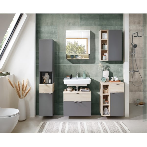 Szürke-natúr színű fali fürdőszoba szekrény borovi fenyő dekorral 70x45 cm Quickset 394 – Pelipal-image-1