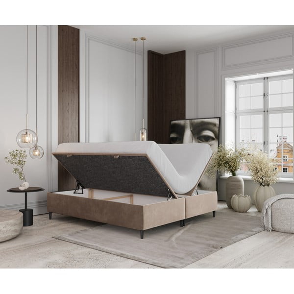 Bézs kárpitozott ágyneműtartós franciaágy 160x200 cm Tate – Maison de Rêve-image-2