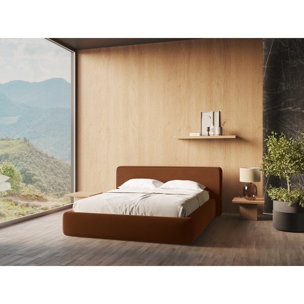 Terrakotta színű kárpitozott ágyneműtartós franciaágy  ágyráccsal 160x200 cm Kiana – Makamii-image-1