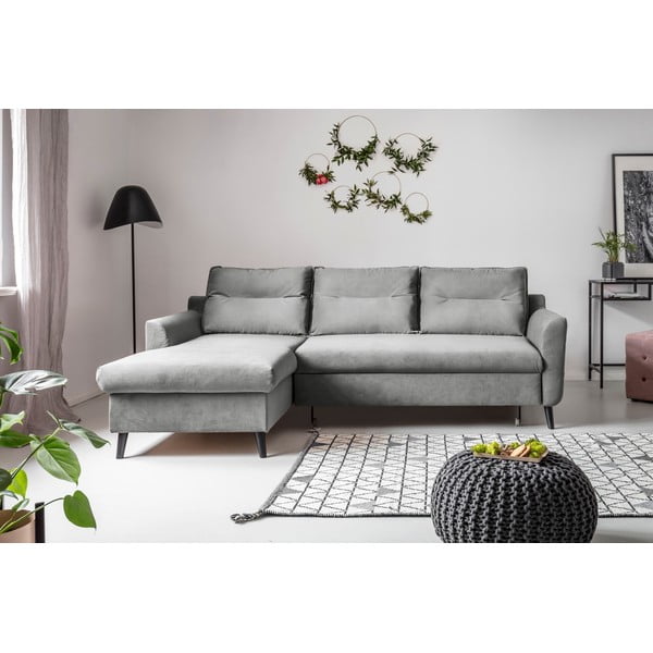 Stylish Stan világosszürke kinyitható bársony sarokkanapé, bal oldali - Miuform-image-1