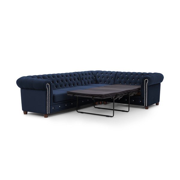 Kék bársony kinyitható sarokkanapé (jobb oldali-L alakú) York Blik – Ropez-image-2