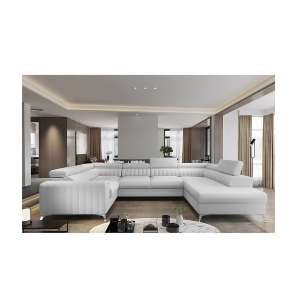 Fehér bőrutánzat kinyitható-tárolóhelyes sarokkanapé (jobb oldali-U alakú) Louis – ELTAP-image-1
