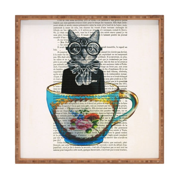 Cat In Mug dekoratív fatálca, 40 x 40 cm