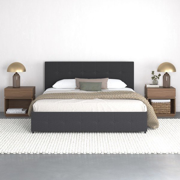 Sötétszürke kárpitozott ágyneműtartós franciaágy 180x200 cm Rose – Støraa-image-3