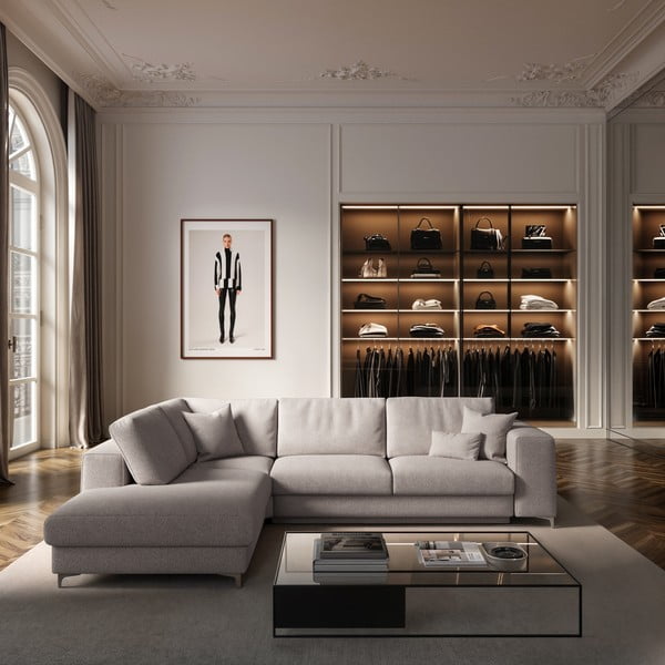 Világosszürke buklé kinyitható tárolóhelyes sarokkanapé (bal oldali-L alakú) Rene – Rodier-image-1