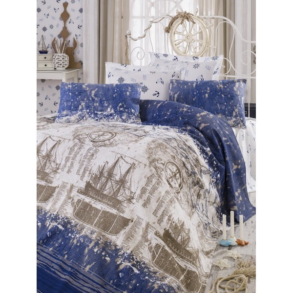 Pusula Dark Blue ágytakaró és párna szett, 200 x 235 cm