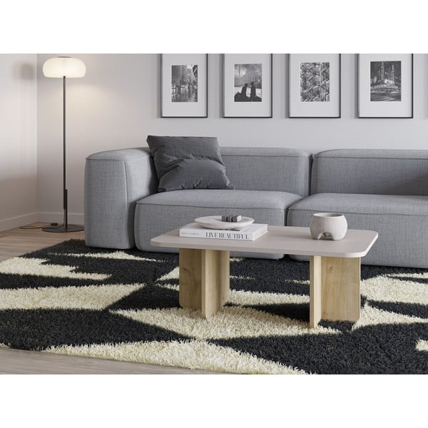 Krémszínű-natúr színű dohányzóasztal tölgyfa dekorral 56x100 cm Hillary – Marckeric-image-1