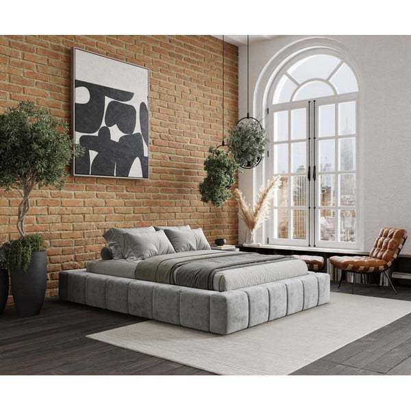 Világosszürke kárpitozott ágyneműtartós franciaágy ágyráccsal 200x200 cm Aruba L – Maison de Rêve-image-4