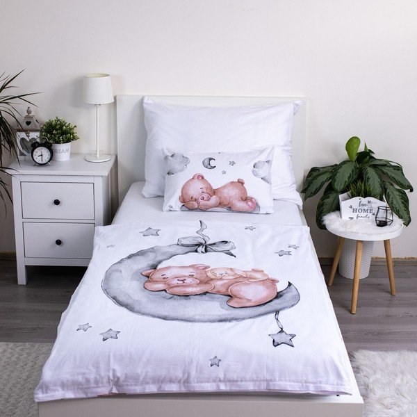 Fehér pamut gyerek ágyneműhuzat babaágyhoz 100x135 cm Teddy Bear "Ribbon" – Jerry Fabrics-image-1