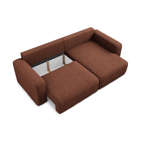 Terrakotta színű kordbársony kinyitható-tárolóhelyes sarokkanapé (jobb oldali-heverő résszel) Kona – Makamii-image-4