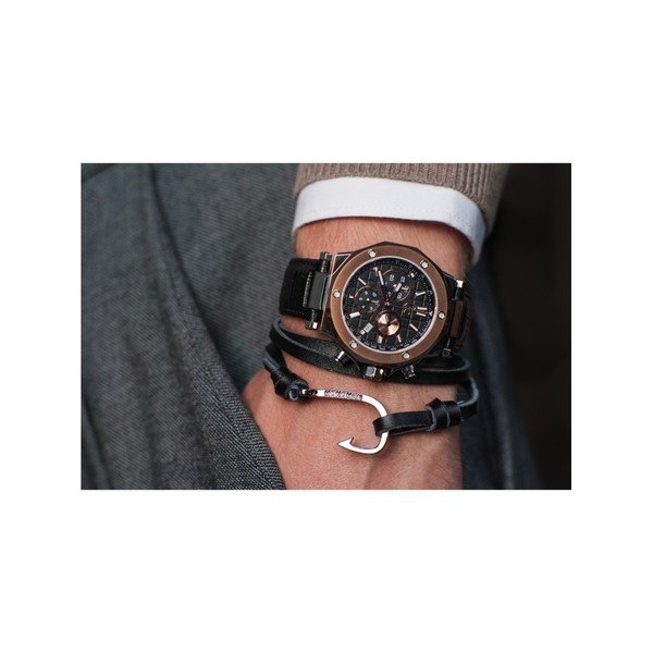 Hook fekete férfi bőr karkötő ezüst színű elemmel - Monomen-image-2