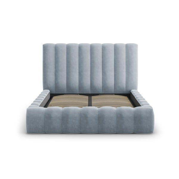 Világoskék kárpitozott franciaágy tárolóhellyel, ágyráccsal 200x200 cm Kelp – Micadoni Home-image-2