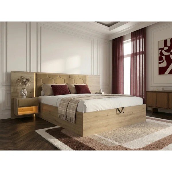 Zöld kárpitozott-forgácslemez ágyneműtartós franciaágy ágyráccsal 160x200 cm Palmeraie – Bobochic Paris-image-3