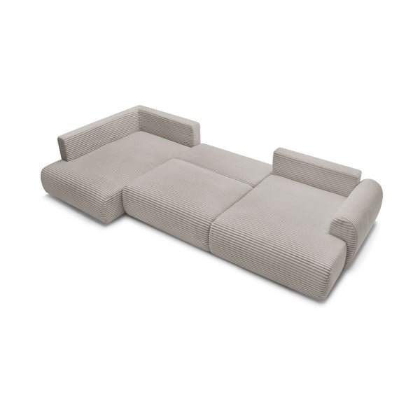 Világosszürke-bézs kordbársony kinyitható-tárolóhelyes sarokkanapé (bal oldali-U alakú) Lucien – Bobochic Paris-image-4