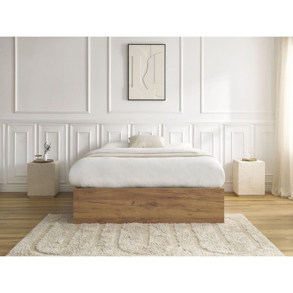 Barna forgácslemez ágyneműtartós-ágytámla nélkül franciaágy ágyráccsal 140x190 cm nyírfa dekorral Mara – Bobochic Paris-image-4
