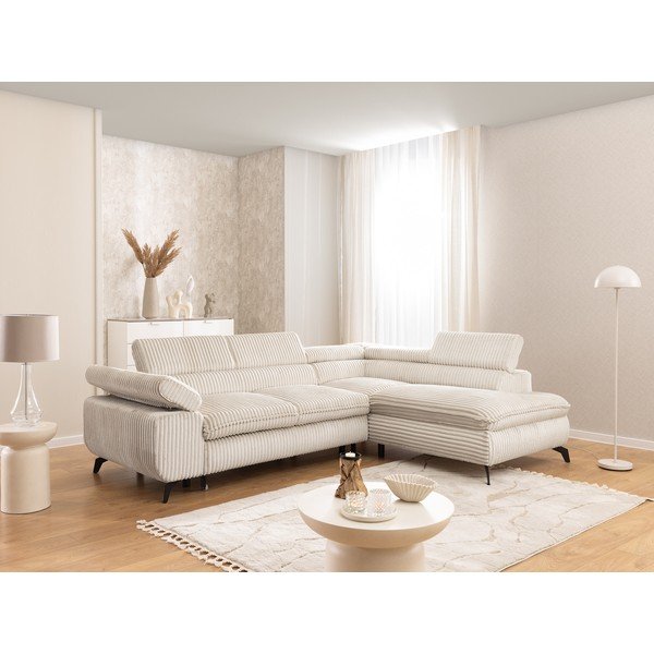 Krémszínű kordbársony sarokkanapé (jobb oldali-L alakú) Marbeya  – Ropez-image-1