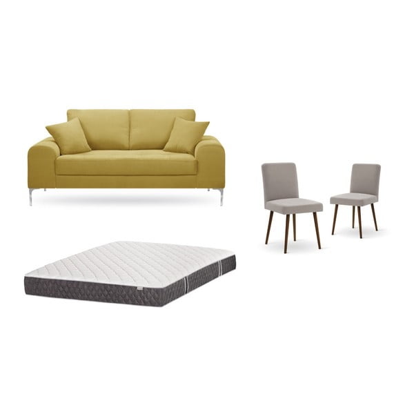Sárga, kétszemélyes kanapé, 2 db szürkésbézs szék, matrac (140 x 200 cm) szett - Home Essentials