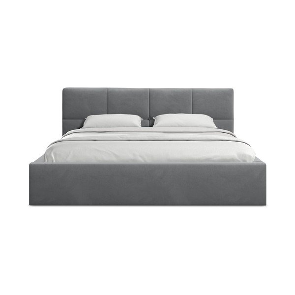 Sötétszürke bársony kárpitozott ágyneműtartós franciaágy ágyráccsal 140x200 cm Hiko – Makamii-image-3