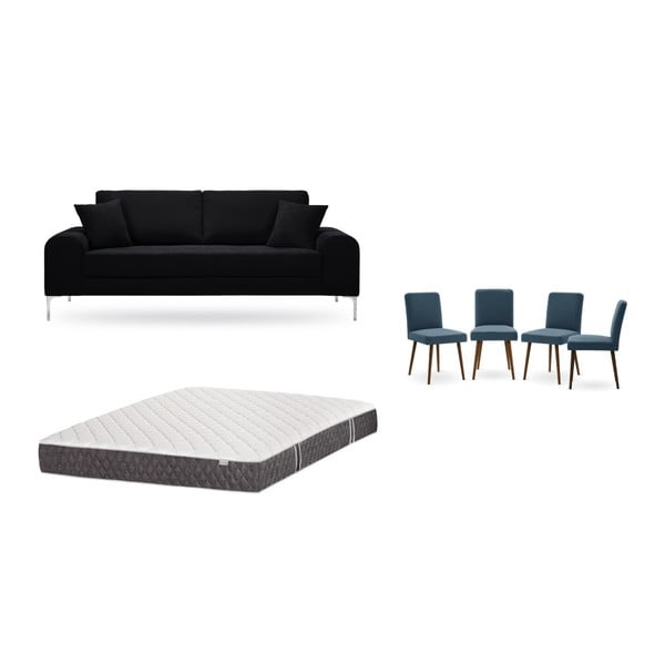 Fekete, háromszemélyes kanapé, 4 db kék szék, matrac (160 x 200 cm) szett - Home Essentials