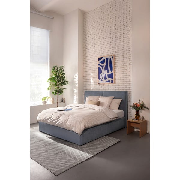 Kék kárpitozott ágyneműtartós franciaágy matraccal, ágyráccsal 180x200 cm Thessa Bold – Bonami Selection-image-1