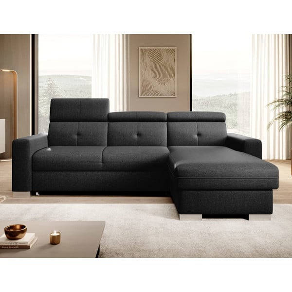 Fekete kinyitható-tárolóhelyes sarokkanapé (jobb oldali-heverő résszel) Fresia – ELTAP-image-1