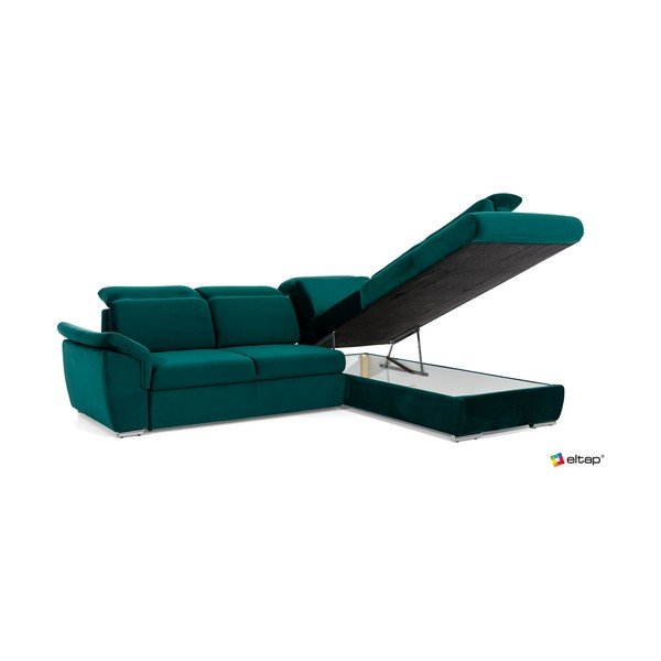 Zöld bársony kinyitható-tárolóhelyes sarokkanapé (bal oldali-L alakú) Loreto – ELTAP-image-3