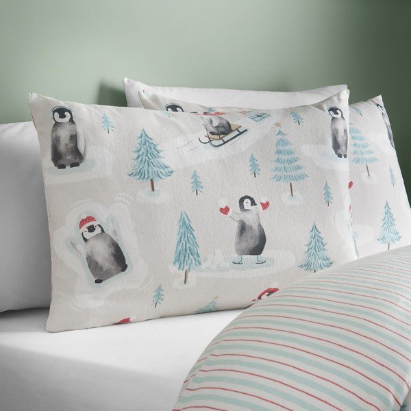 Natúr színű egyszemélyes flanel ágyneműhuzat 135x200 cm Brushed Christmas Penguins – Catherine Lansfield-image-3
