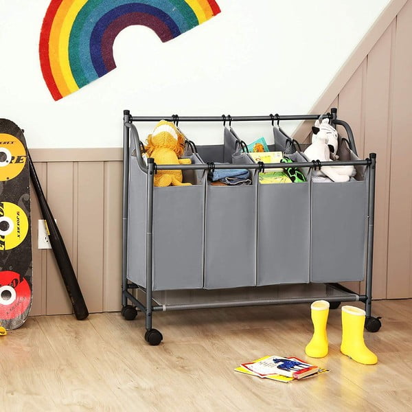 Szürke 4 rekeszes gurulós szennyestartó - Songmics-image-1