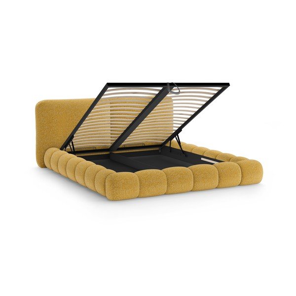 Mustársárga kárpitozott ágyneműtartós franciaágy ágyráccsal 160x200 cm Solange – Micadoni -image-2