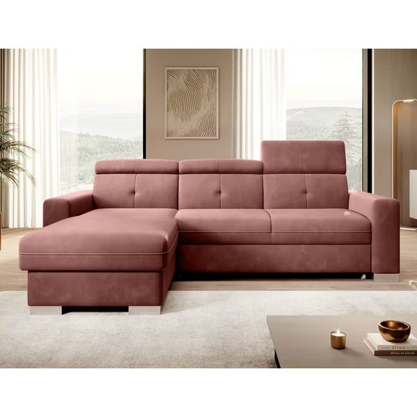 Rózsaszín bársony kinyitható-tárolóhelyes sarokkanapé (bal oldali-heverő résszel) Fresia – ELTAP-image-1