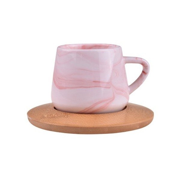 Ebru 6 részes világos rózsaszín porcelán bögre szett bambusz poháralátéttel - Bambum-image-1