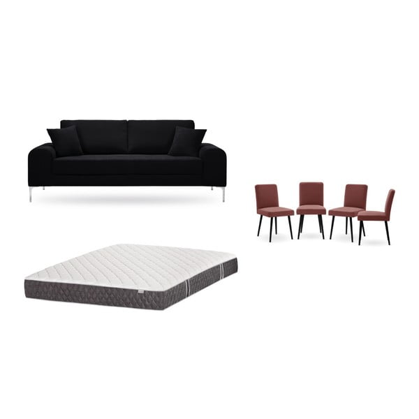 Fekete, háromszemélyes kanapé, 4 db téglapiros szék, matrac (160 x 200 cm) szett - Home Essentials