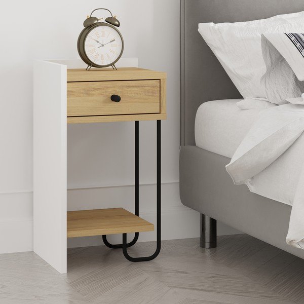 Fehér-natúr színű éjjeliszekrény tölgyfa dekorral Mercure – Marckeric-image-4