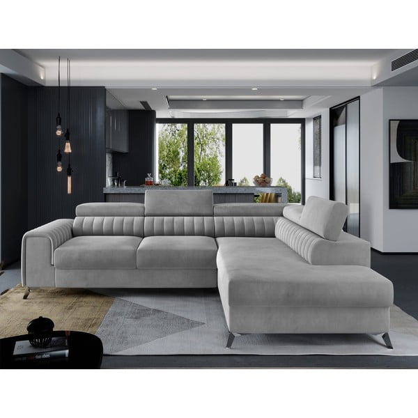 Szürke bársony kinyitható-tárolóhelyes sarokkanapé (jobb oldali-L alakú) Laurence – ELTAP-image-1
