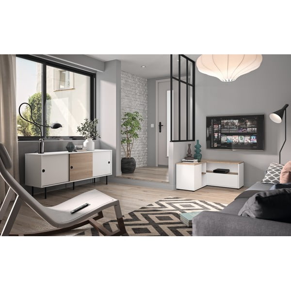 Fehér-natúr színű TV-állvány tölgyfa dekorral 90x45 cm Angle – TemaHome-image-1