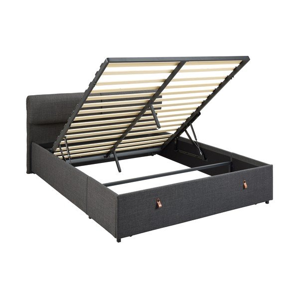 Sötétszürke kárpitozott ágyneműtartós franciaágy ágyráccsal 160x200 cm Calvi – Actona-image-3