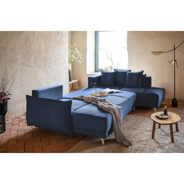 Sötétkék kordbársony kinyitható sarokkanapé (jobb oldali-U alakú) Lazy Lukka – Miuform-image-4
