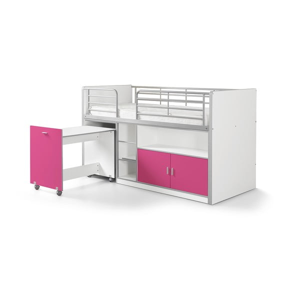 Bonny fehér-fuksziaszínű emeletes ágy kihúzható asztallal és tárolóval, 200 x 90 cm - Vipack