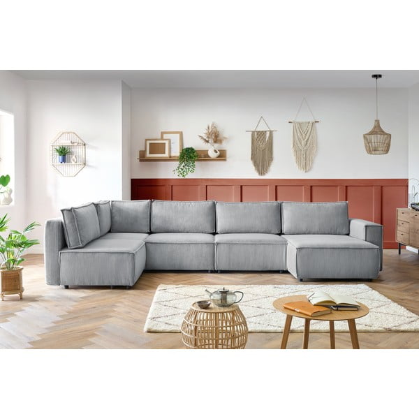 Világosszürke kordbársony sarokkanapé (bal oldali-"U" alakú) Nihad modular – Bobochic Paris-image-1