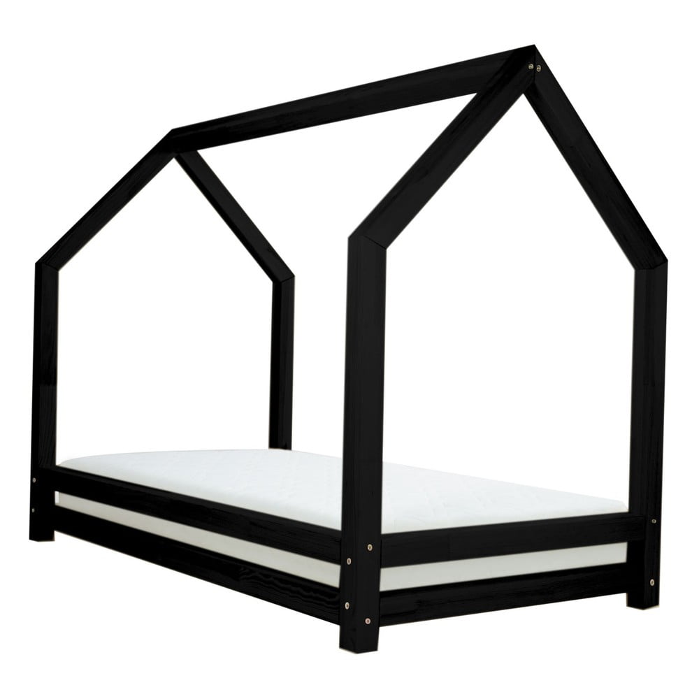 Funny fekete egyszemélyes ágy, borovi fenyőből, 90 x 160 cm - Benlemi