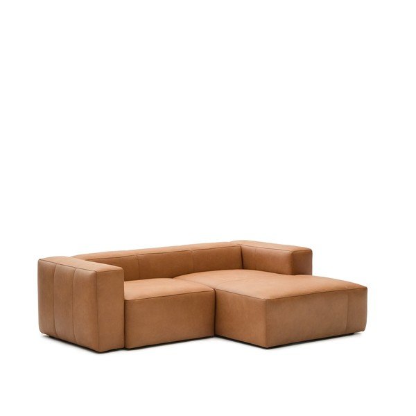 Barna bőr sarokkanapé (jobb oldali-heverő résszel) Blok – Kave Home-image-1