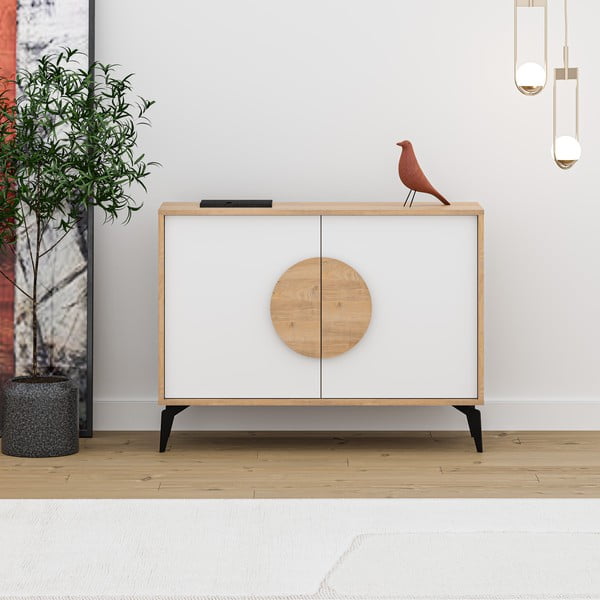 Fehér-natúr színű alacsony komód tölgyfa dekorral 110x82 cm Vae – Marckeric-image-2