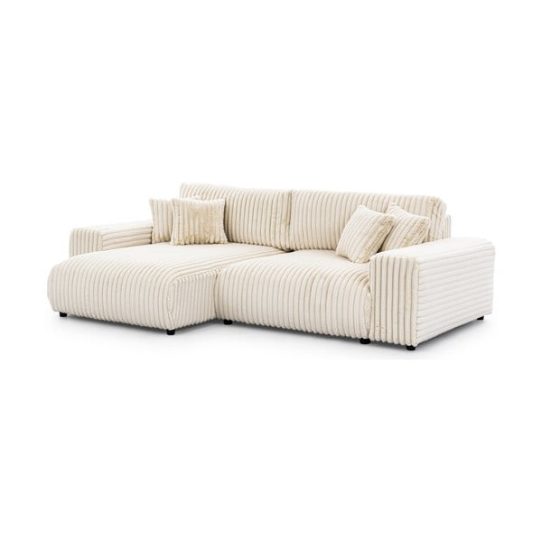 Krémszínű kordbársony kinyitható-tárolóhelyes sarokkanapé (bal oldali) Sarina – Ropez