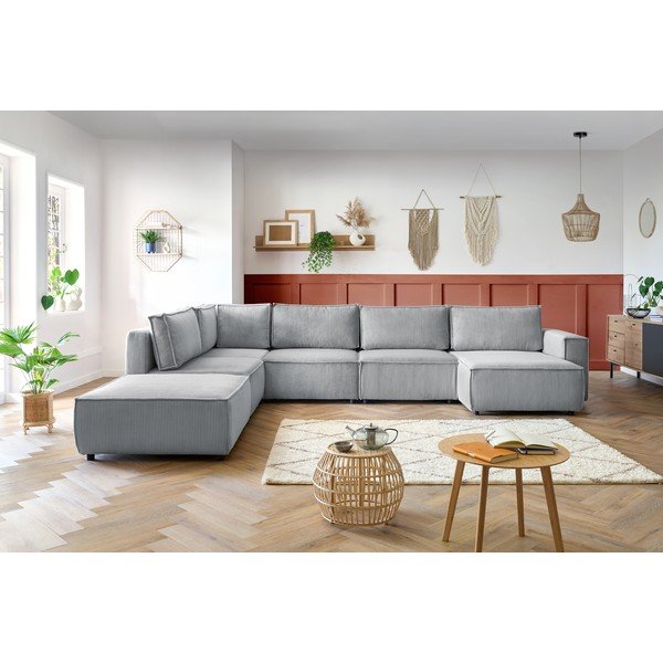 Világosszürke kordbársony sarokkanapé (bal oldali-"U" alakú) Nihad modular – Bobochic Paris-image-1