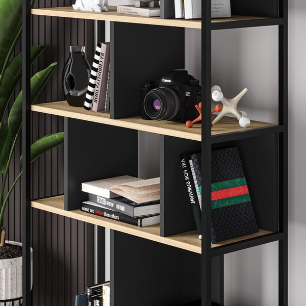 Fekete-natúr színű könyvespolc tölgyfa dekorral 88x175 cm Alabama – Marckeric-image-3